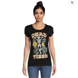 Wound Up Dead Tired Women's Black Graphic Tee Skeleton T-Shirt Size Large